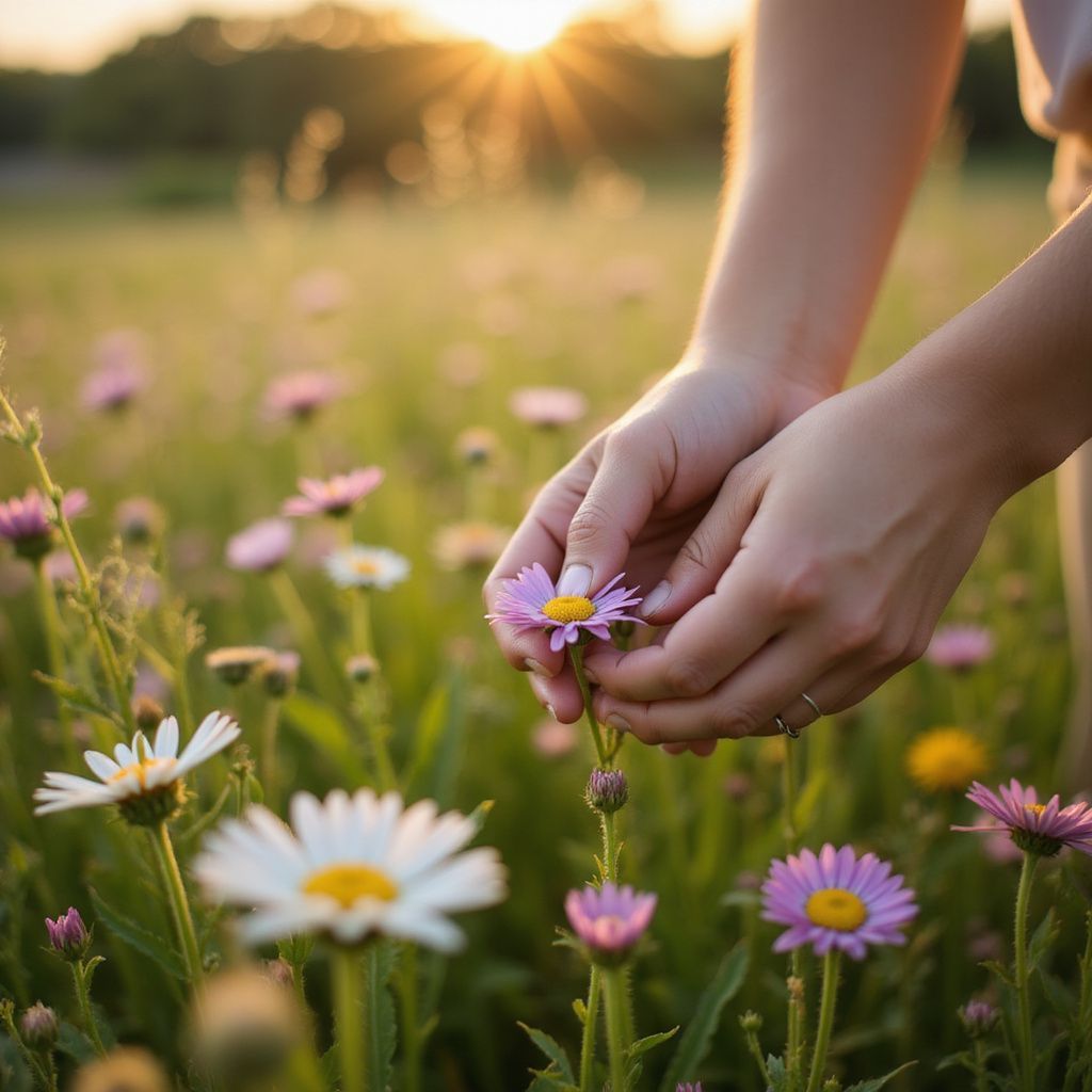 Hands gently picking a purple daisy in a field of wildflowers, with sunlight in the background.