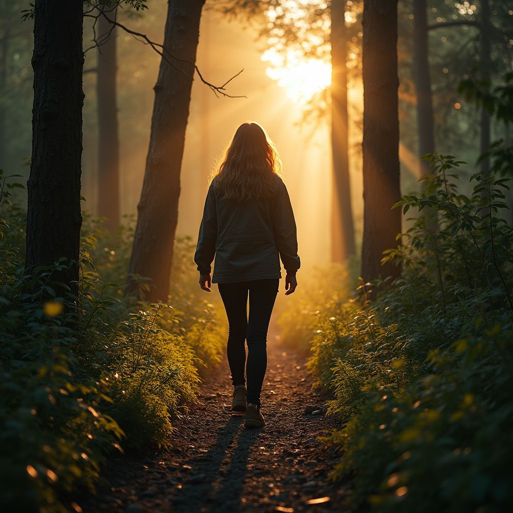 Woman walking on a path in a sunlit forest, surrounded by trees and foliage.