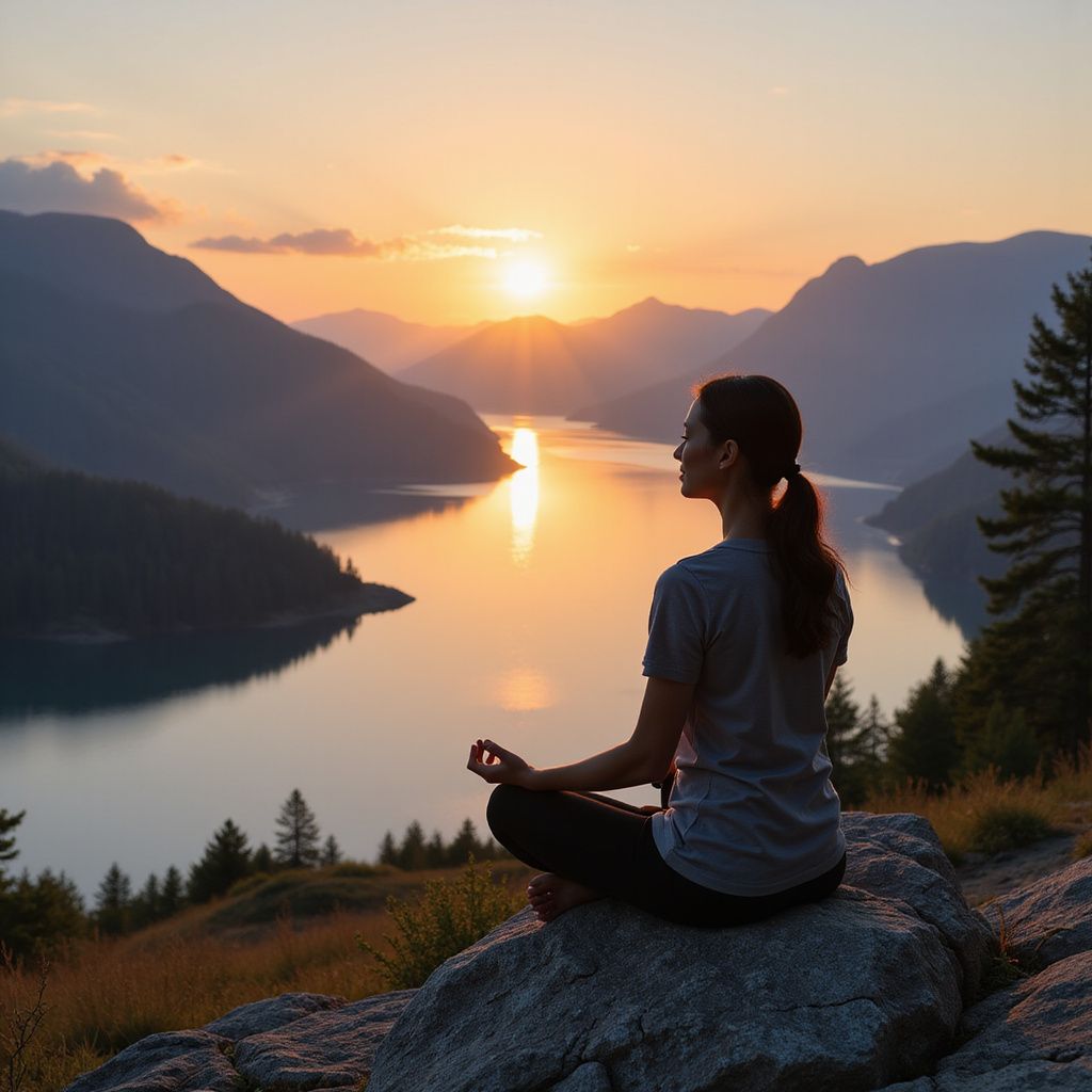 Woman meditating on rock, overlooking lake and mountains at sunset.