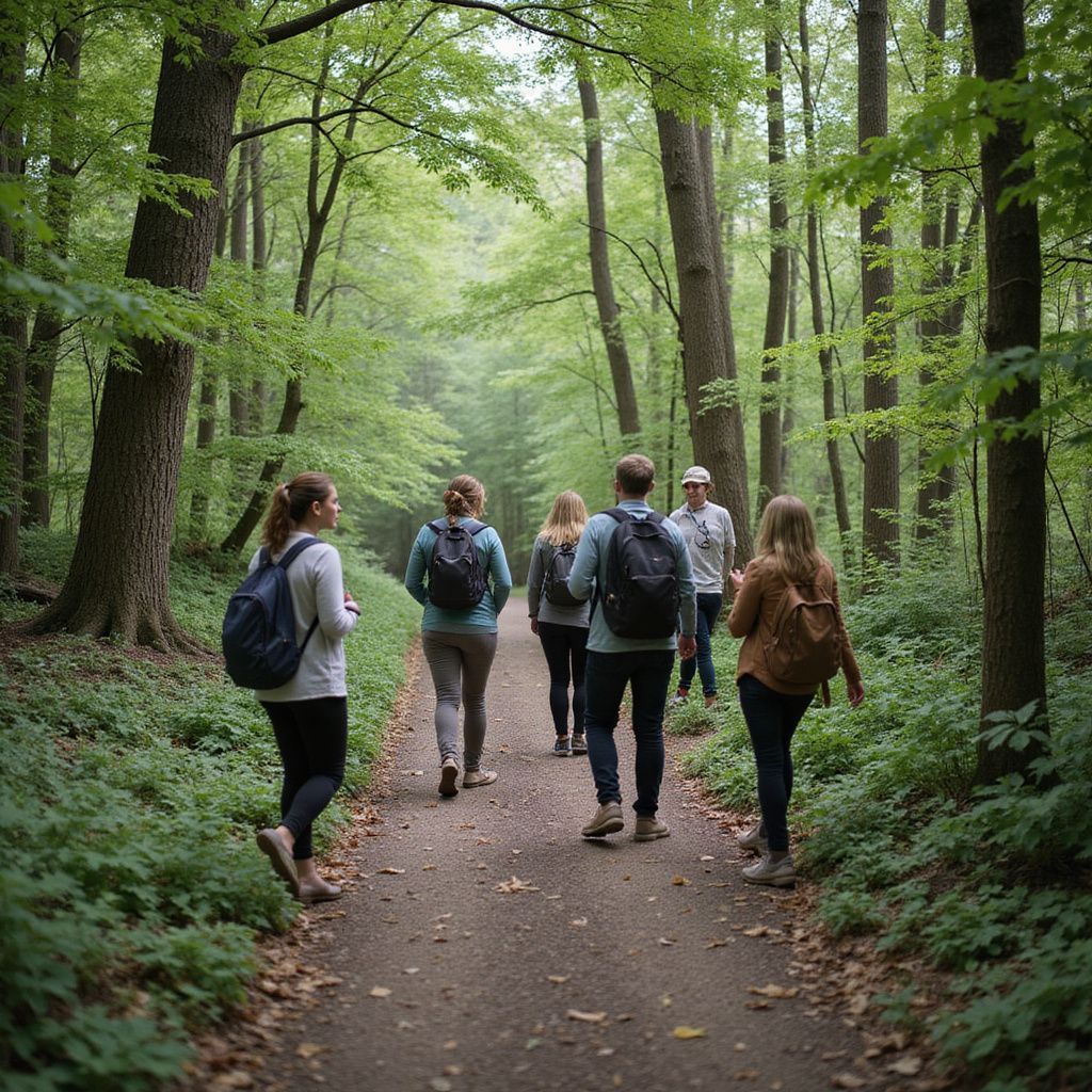 Group of people hiking on a forest trail with backpacks, surrounded by trees with green foliage.