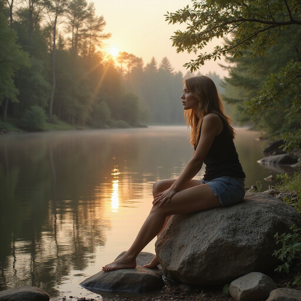 Woman sitting on a rock by a lake, watching the sunrise over the trees.