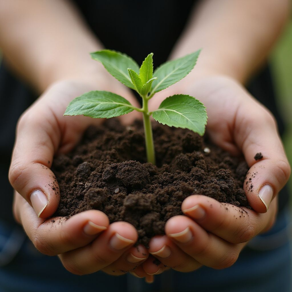 Hands holding soil with a small green plant growing out of it.