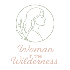 Line drawing of a woman's profile inside a circle with a sprig of leaves. Text: Woman in the Wilderness.