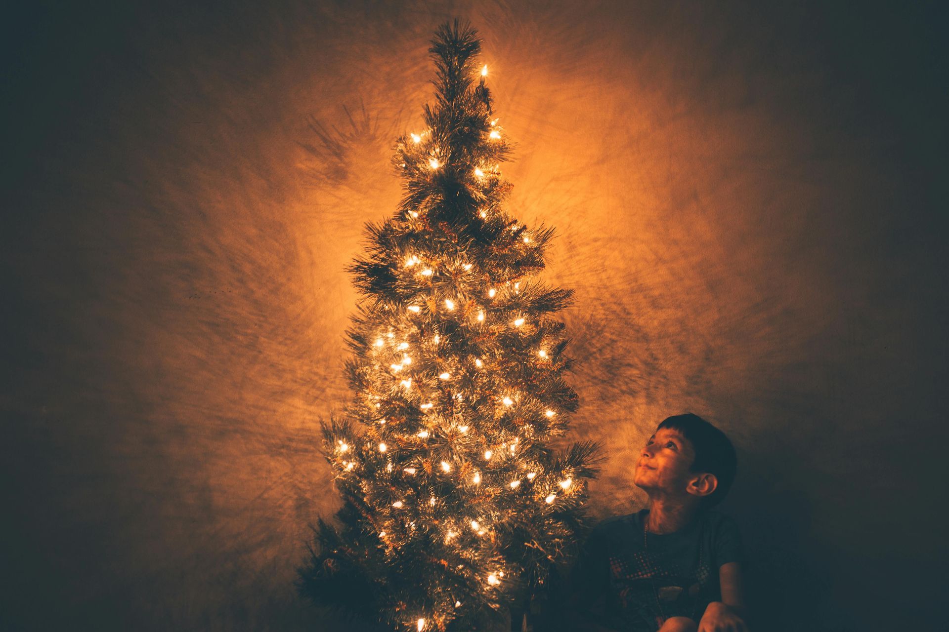 Boy gazing upward at a Christmas tree illuminated by warm lights in a dark room.
