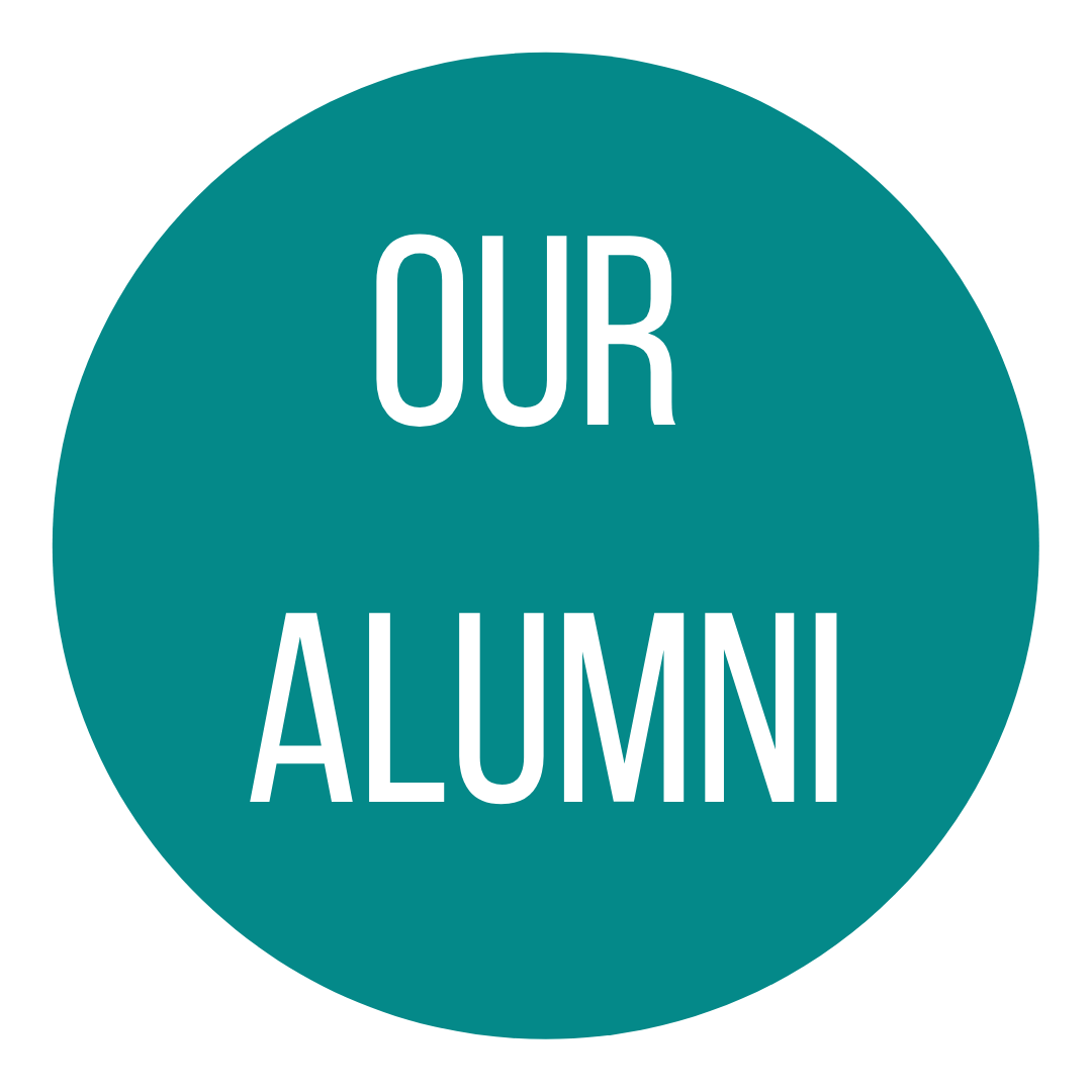 A blue circle with the words our alumni on it