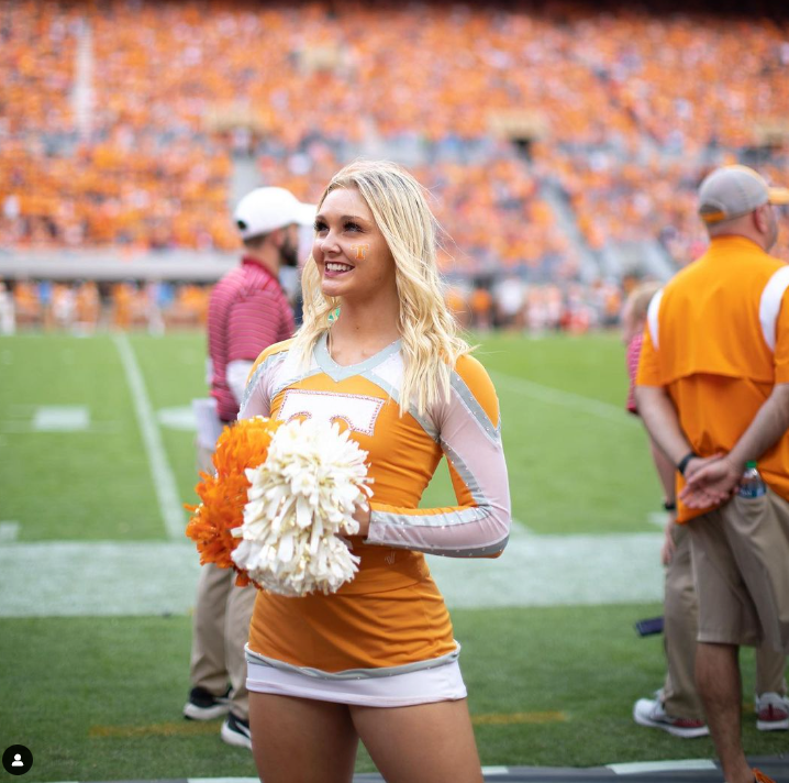 A cheerleader is holding pom poms on a football field