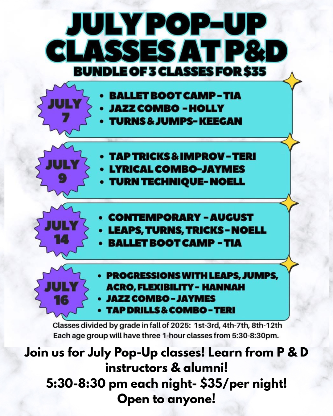 A poster for july pop-up classes at p & d