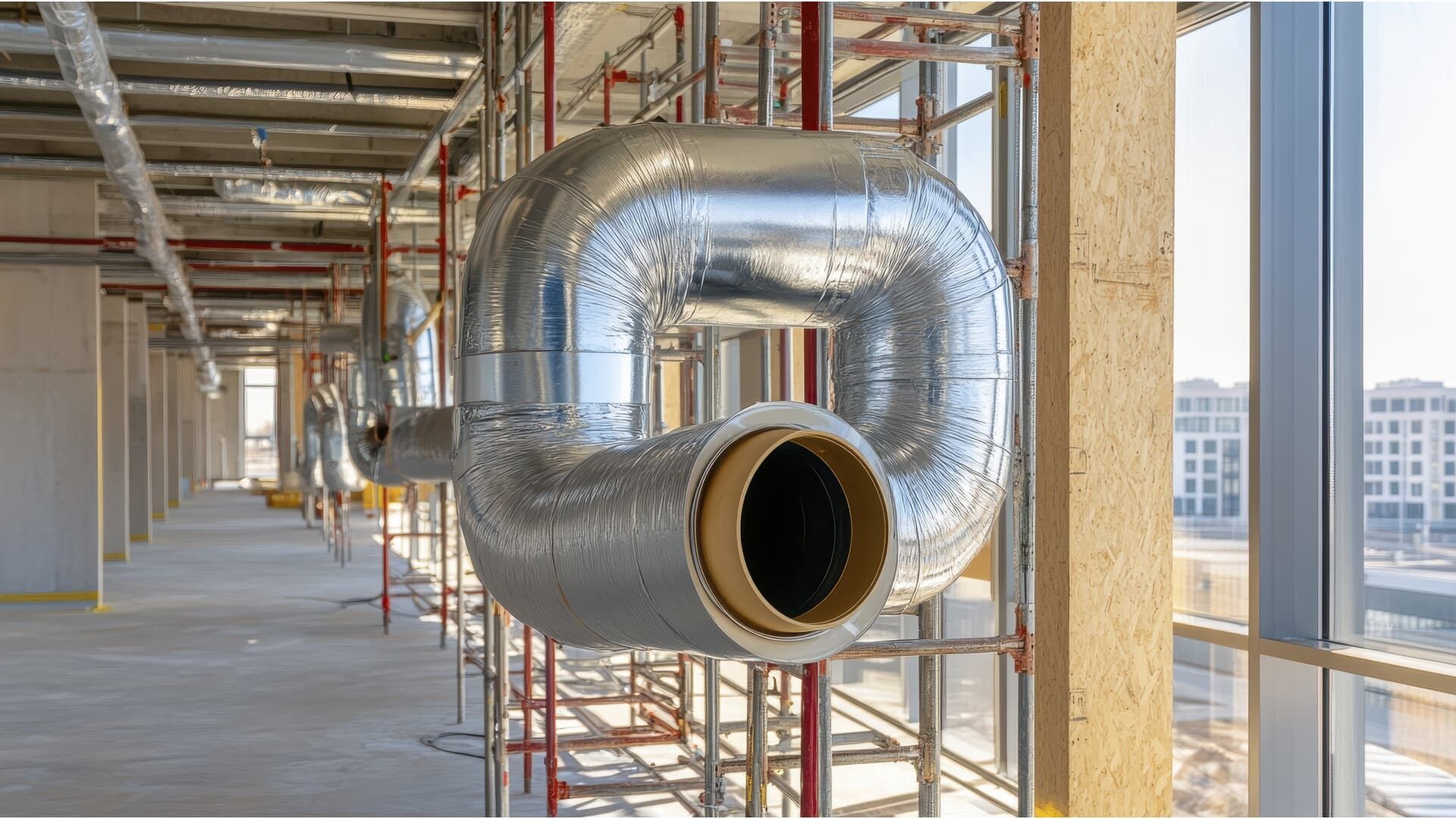 Insulated metal air ducts under construction in a bright, modern interior space with floor-to-ceiling windows.