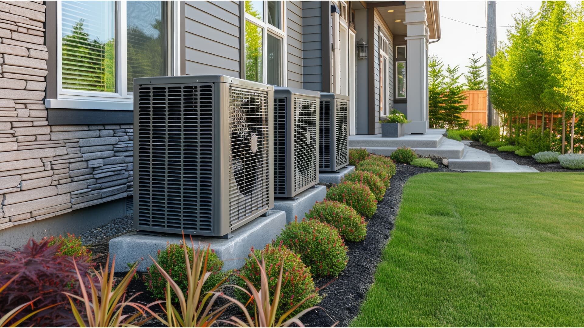 Three HVAC units sit on a concrete pad against the stone exterior of a house, next to a garden bed and a green lawn.