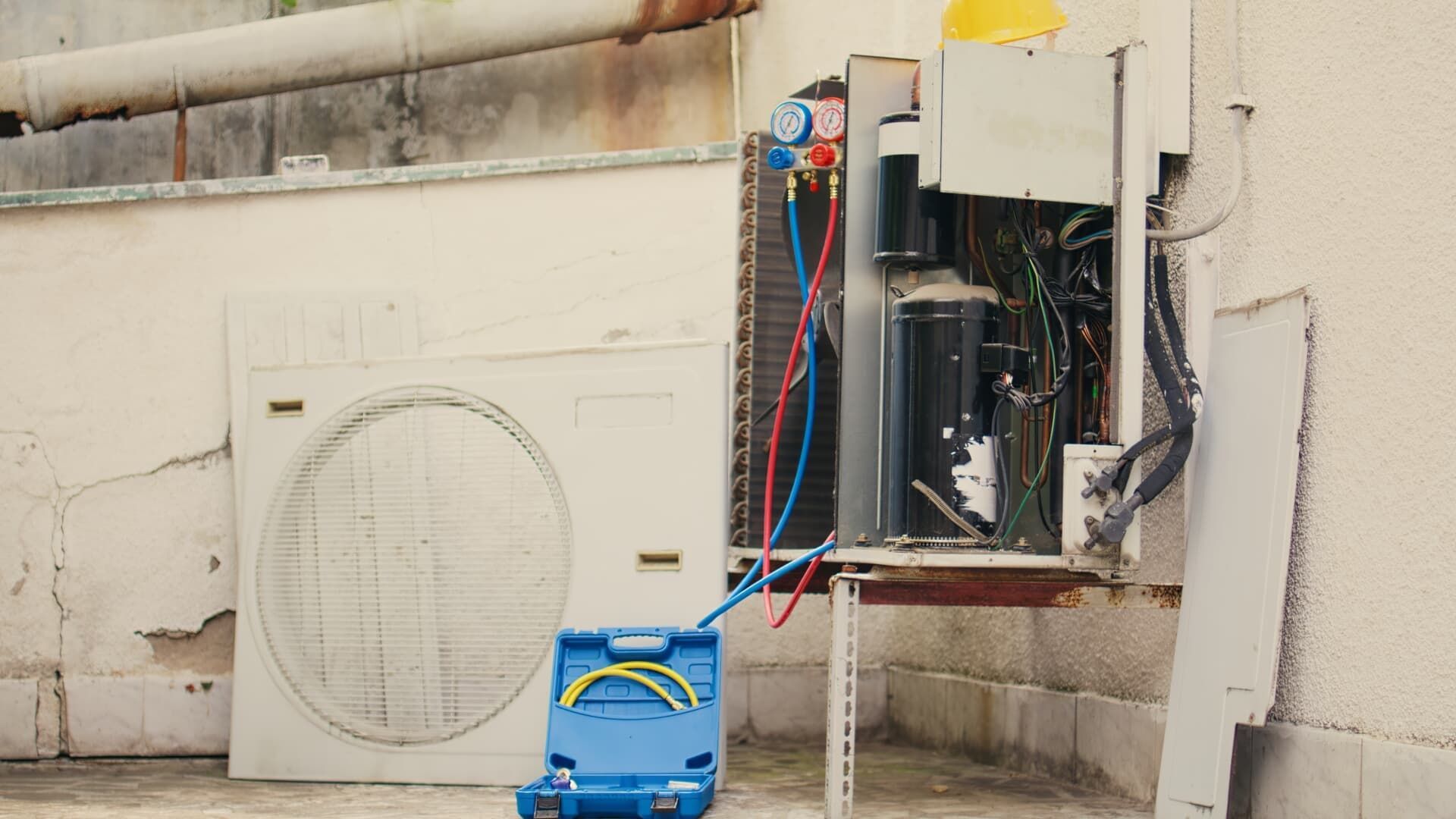 An outdoor air conditioning unit with its panel removed for repairs, connected to colorful gauges and a blue tool case.