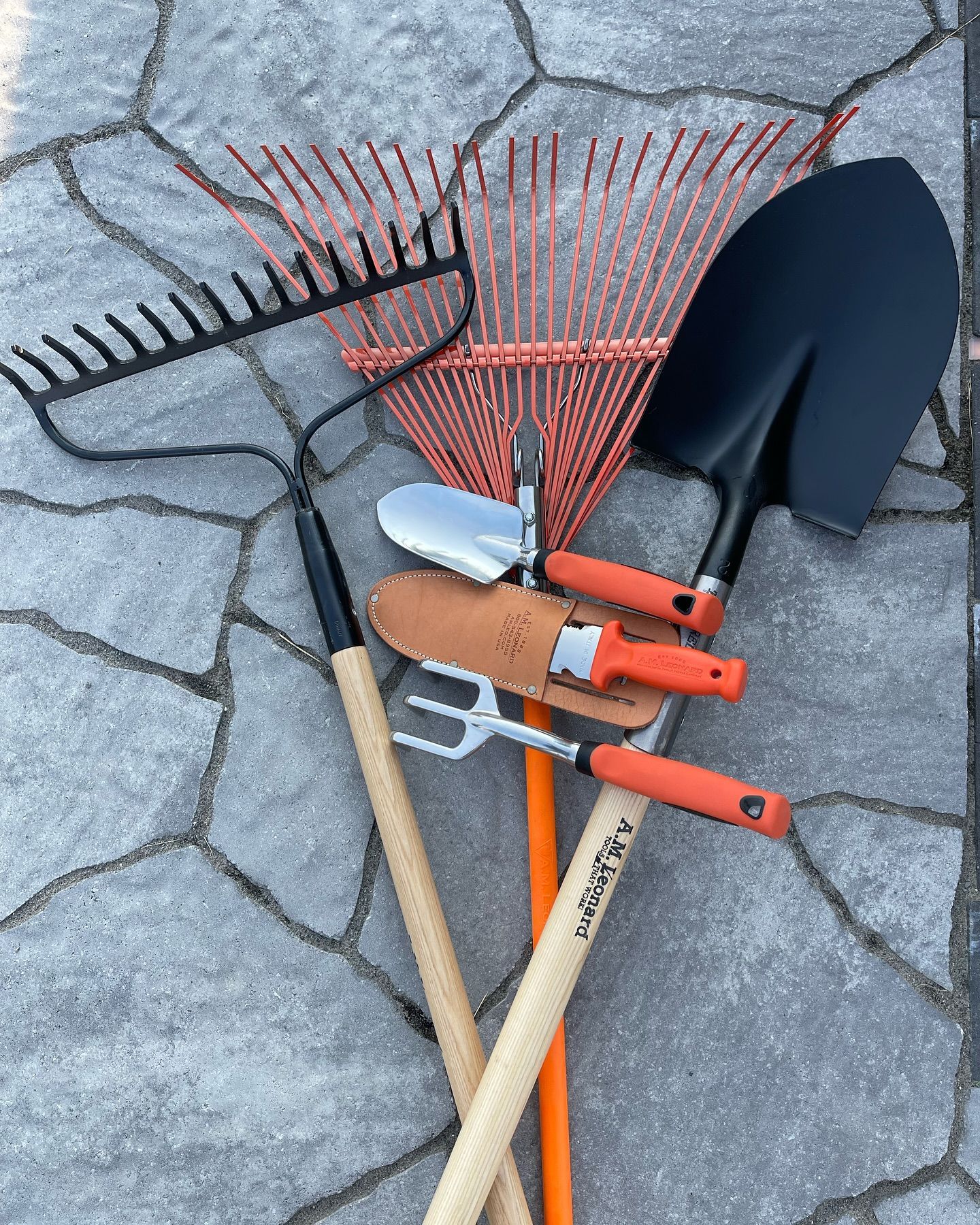 Garden tools—rakes, shovel, and trowel—laid on cracked concrete.