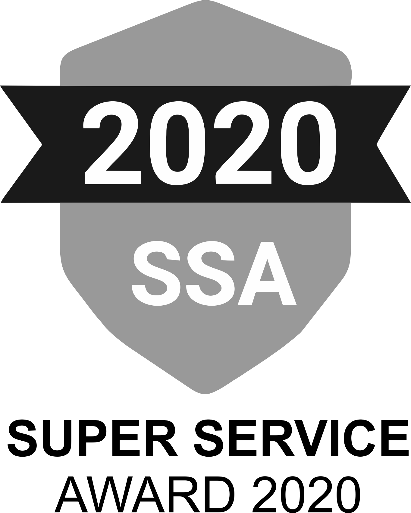 A black and white logo for the 2020 ssa super service award.