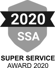 A black and white logo for the 2020 ssa super service award.