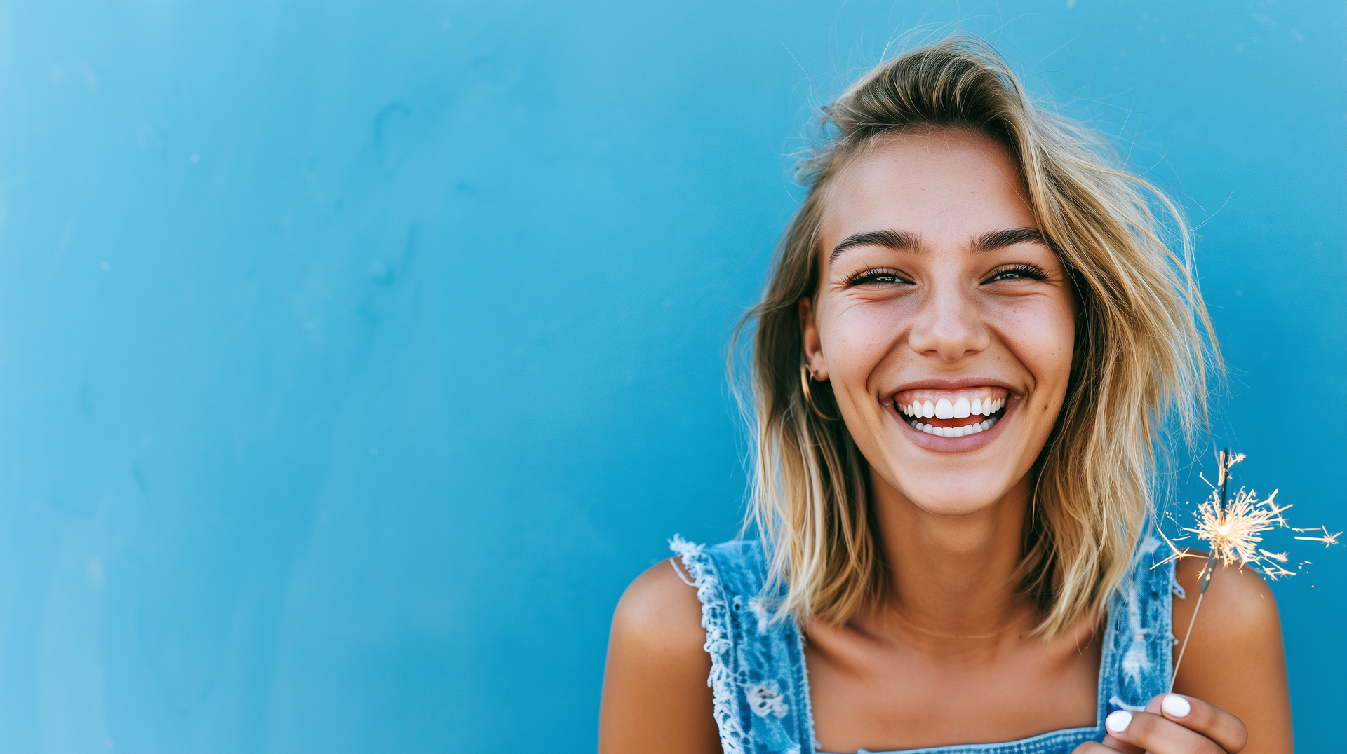 Smiling person in a blue top holding a sparkler against a bright blue background