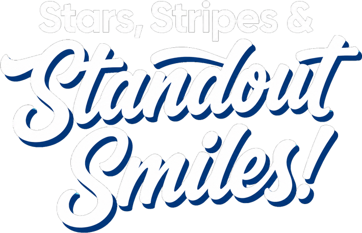 Blue cursive text reading “Standout Smiles” with faint “Lip, Stripes &” above.
