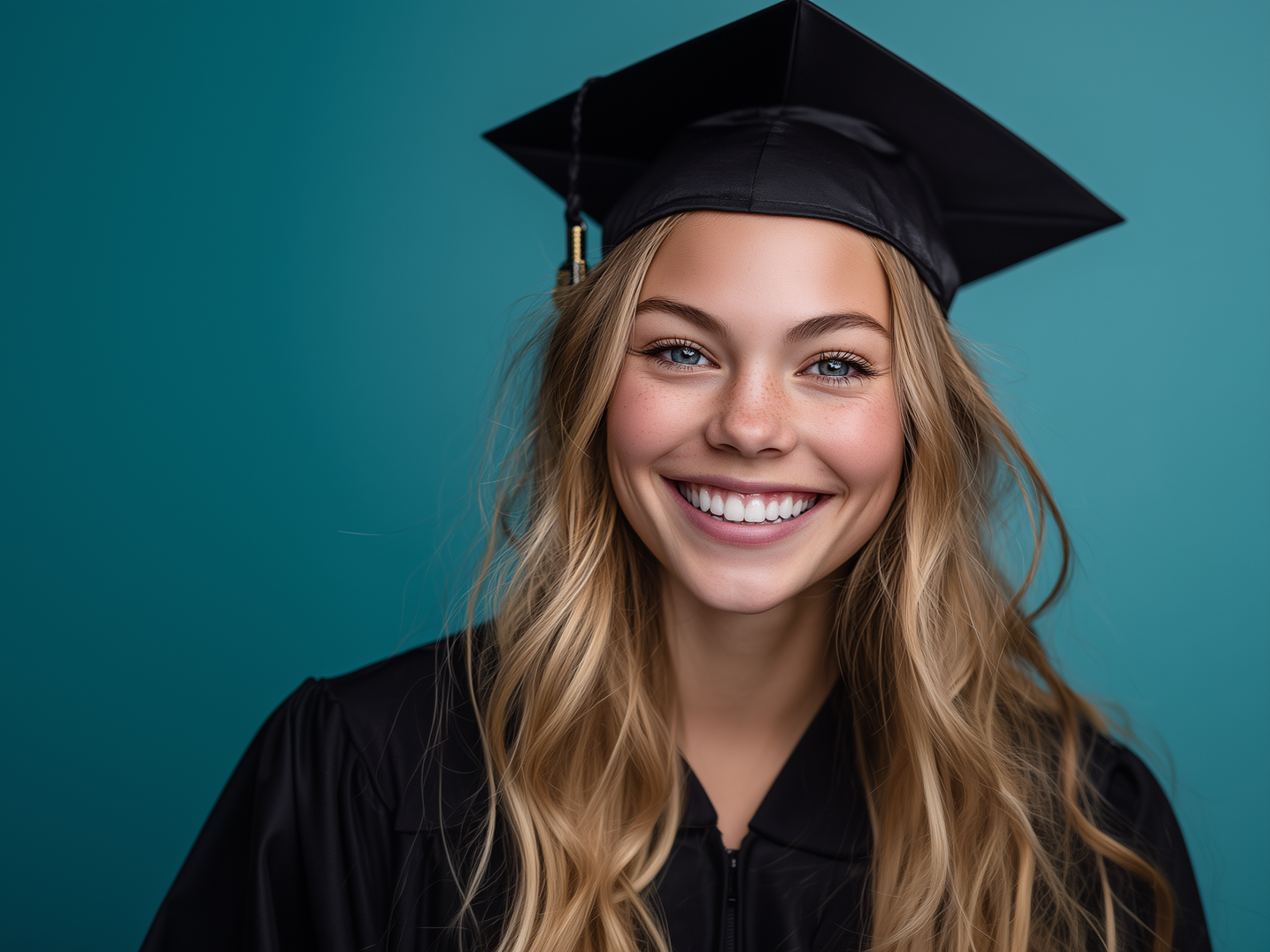 Smiling graduate in black cap and gown against a teal background