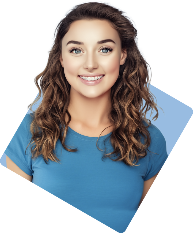 Woman with curly brown hair and braces smiling in a blue circle. She wears a blue shirt.