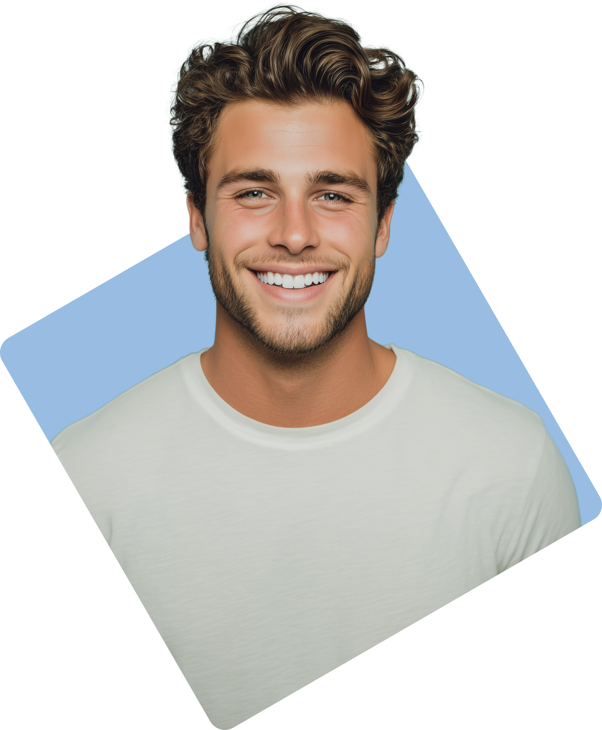 Smiling young man with curly brown hair, wearing a white t-shirt, set against a light blue backdrop.