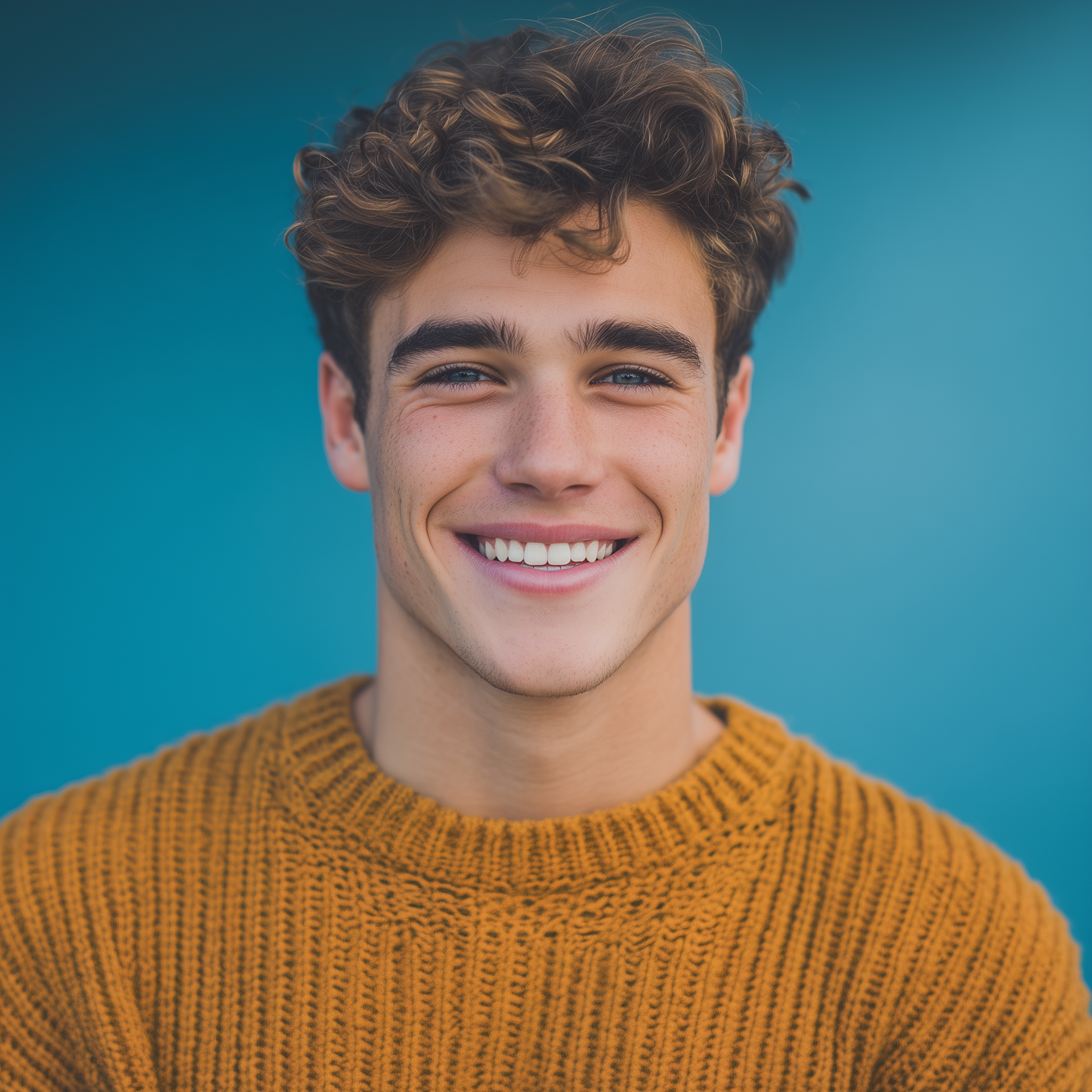 Smiling young man with curly brown hair, wearing a mustard sweater, against a teal wall.