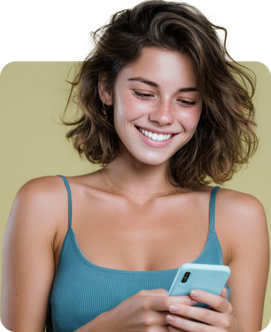 Woman with brown hair smiles while looking at a phone; wearing blue tank top.