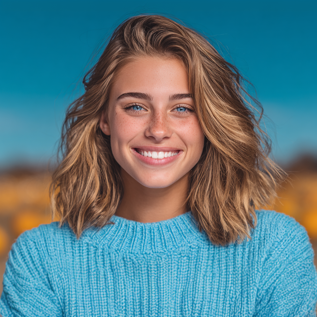 Woman with blue eyes, freckles, and a bright smile, wearing a blue sweater, with a blurred outdoor background.