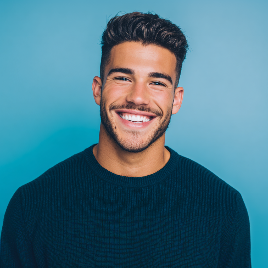 Man with dark hair and beard smiles broadly in front of a blue background.