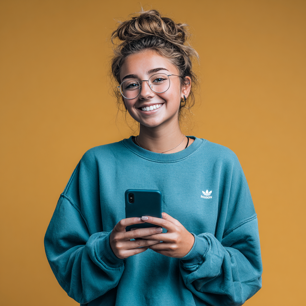 Young woman with glasses smiles, holding a phone, wearing a blue sweatshirt with a yellow background.