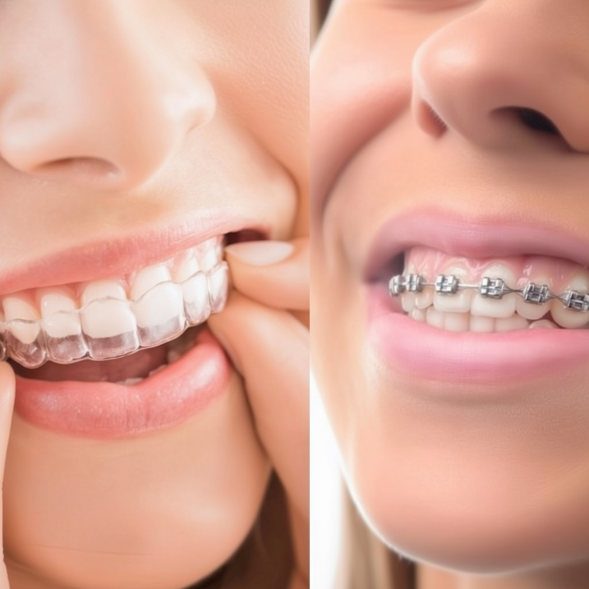 Close-up of teeth with clear braces on the left and metal braces on the right
