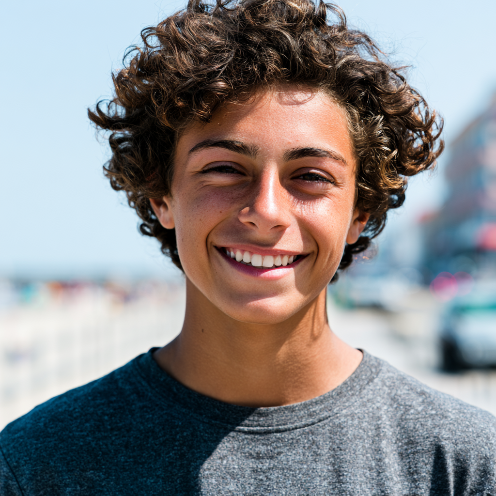 Smiling person with curly hair in a gray shirt outdoors in bright sunlight