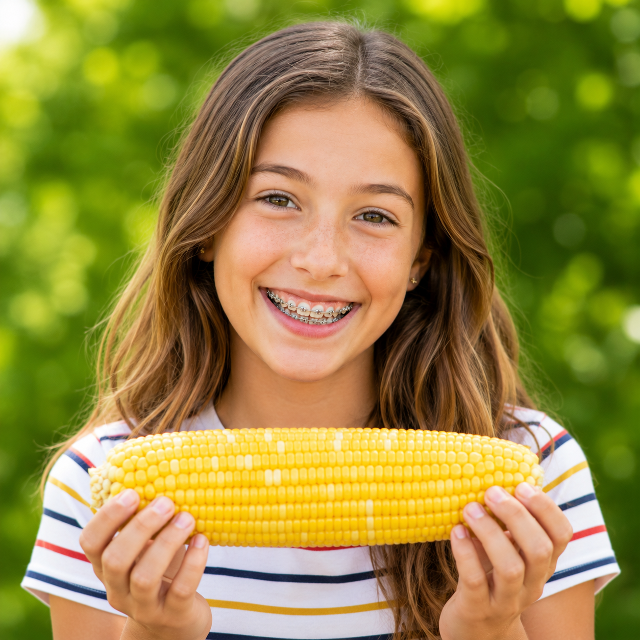 Smiling child holding a yellow corn cob outdoors against a green background