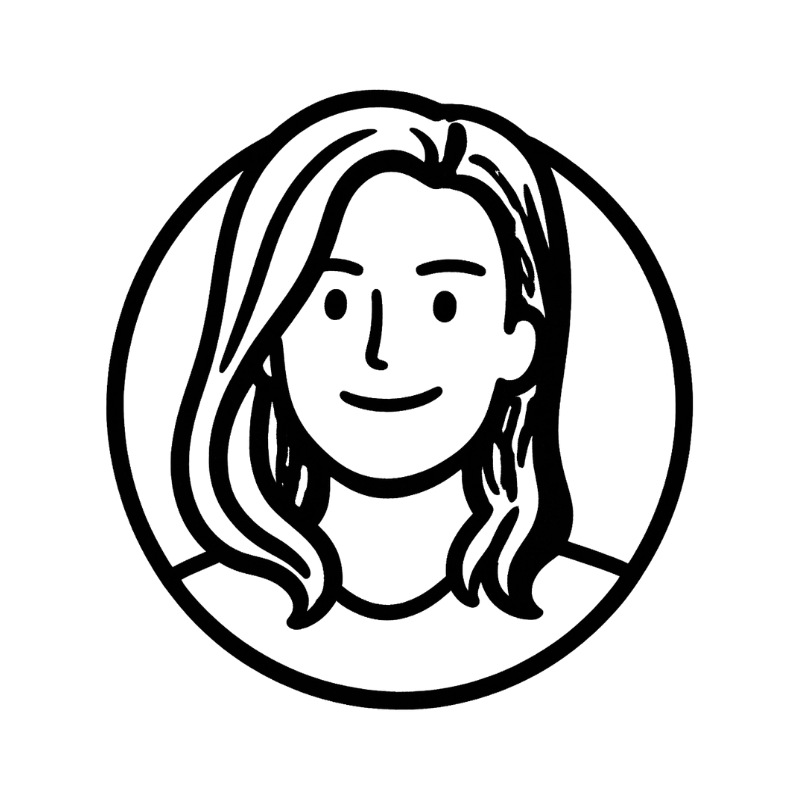 Schwarz-weiße Strichzeichnung einer lächelnden Person in einem Kreis, mit schulterlangem Haar.