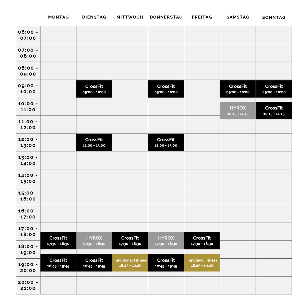 Wochenplanraster mit schwarzen, grauen und gelben Unterrichtsblöcken auf weißem Kalenderhintergrund