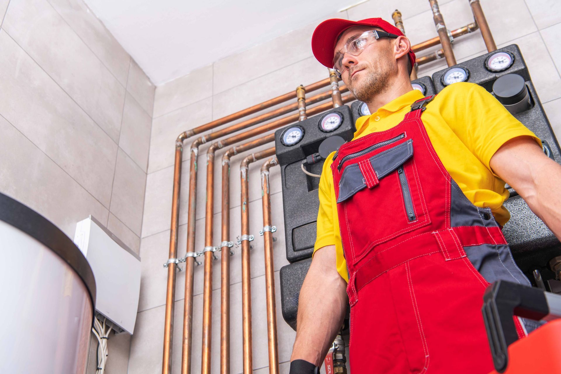 Plumber in red overalls and hat examining pipes in a utility room. Plumber in red overalls and hat examining pipes in a utility room.