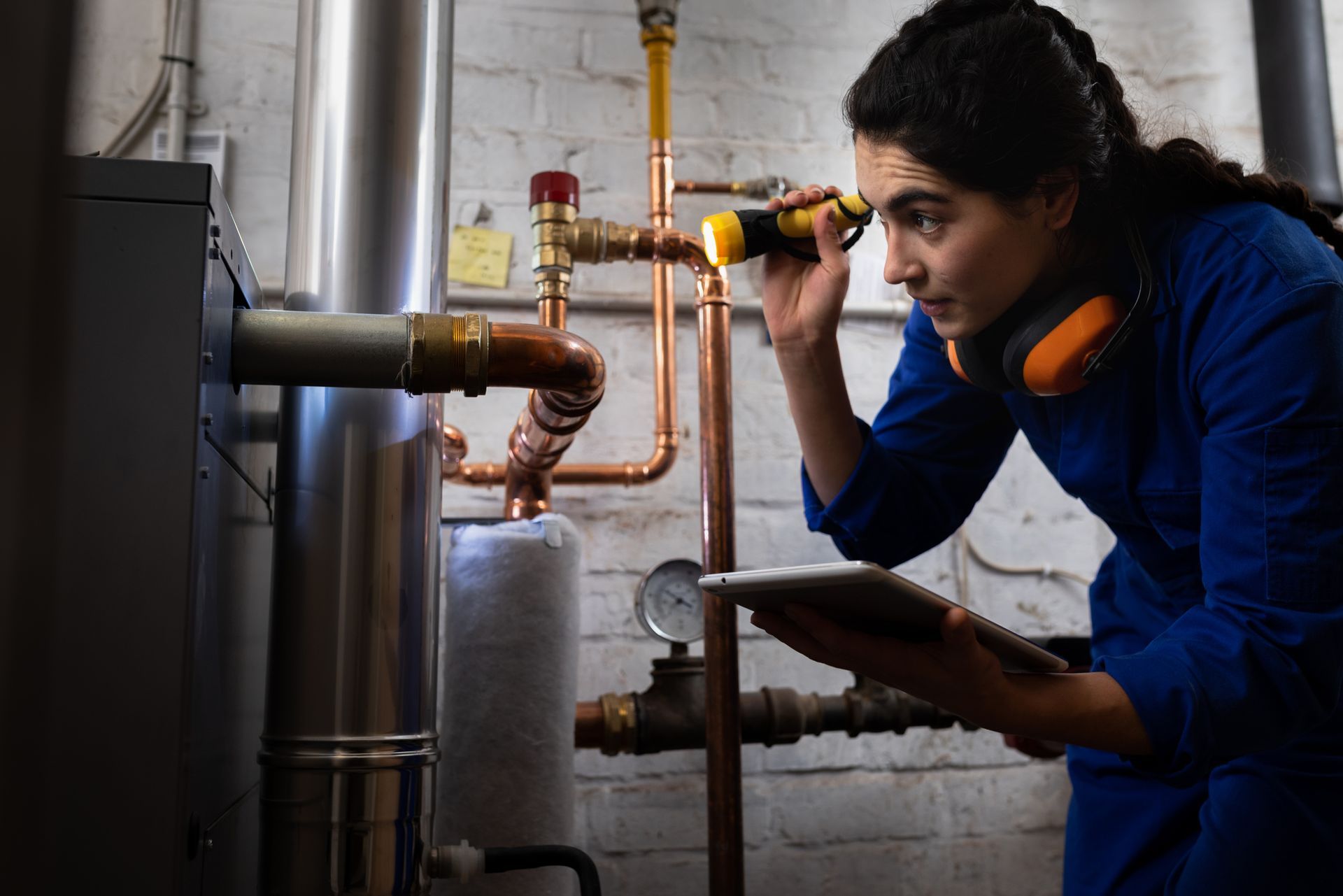 : Engineer working on a hot water heater system repair