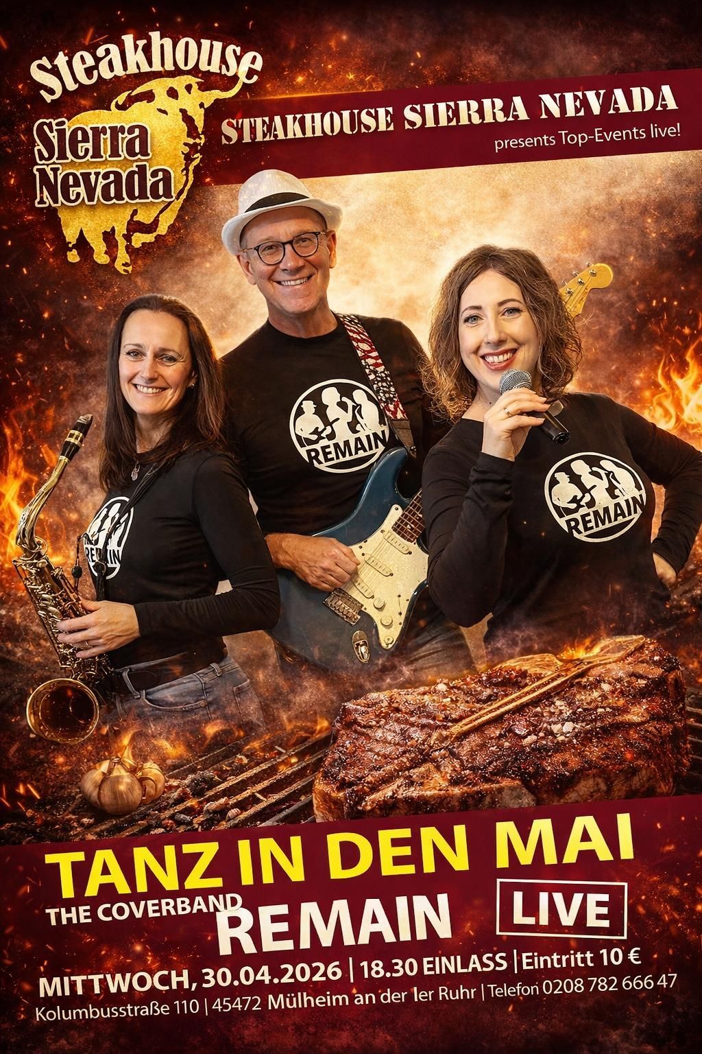 Plakat für „Tanz in den Mai“ im Steakhouse Sierra Nevada, mit der Band Remain; Live-Musik-Event.