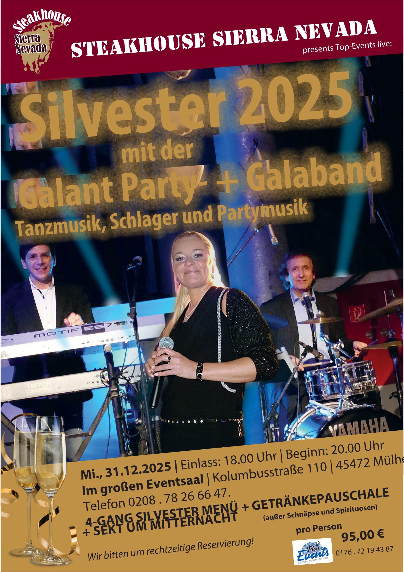 Plakat für die Silvesterfeier 2025 im Steakhouse Sierra Nevada mit einer Band zum Tanzen und Musik.
