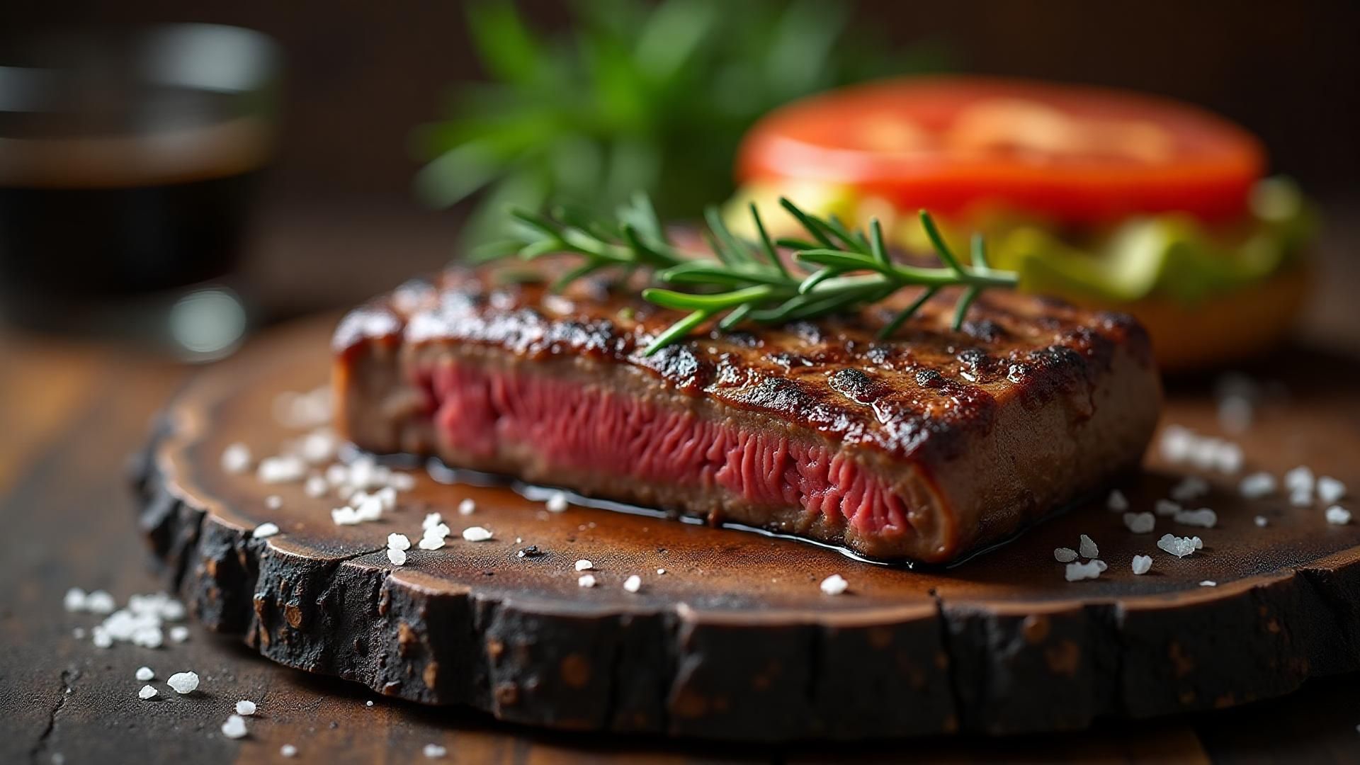 Auf einem Holzbrett angebratenes Steak, mit Rosmarin und Salz garniert. Medium-rare mit Tomate und Avocado.