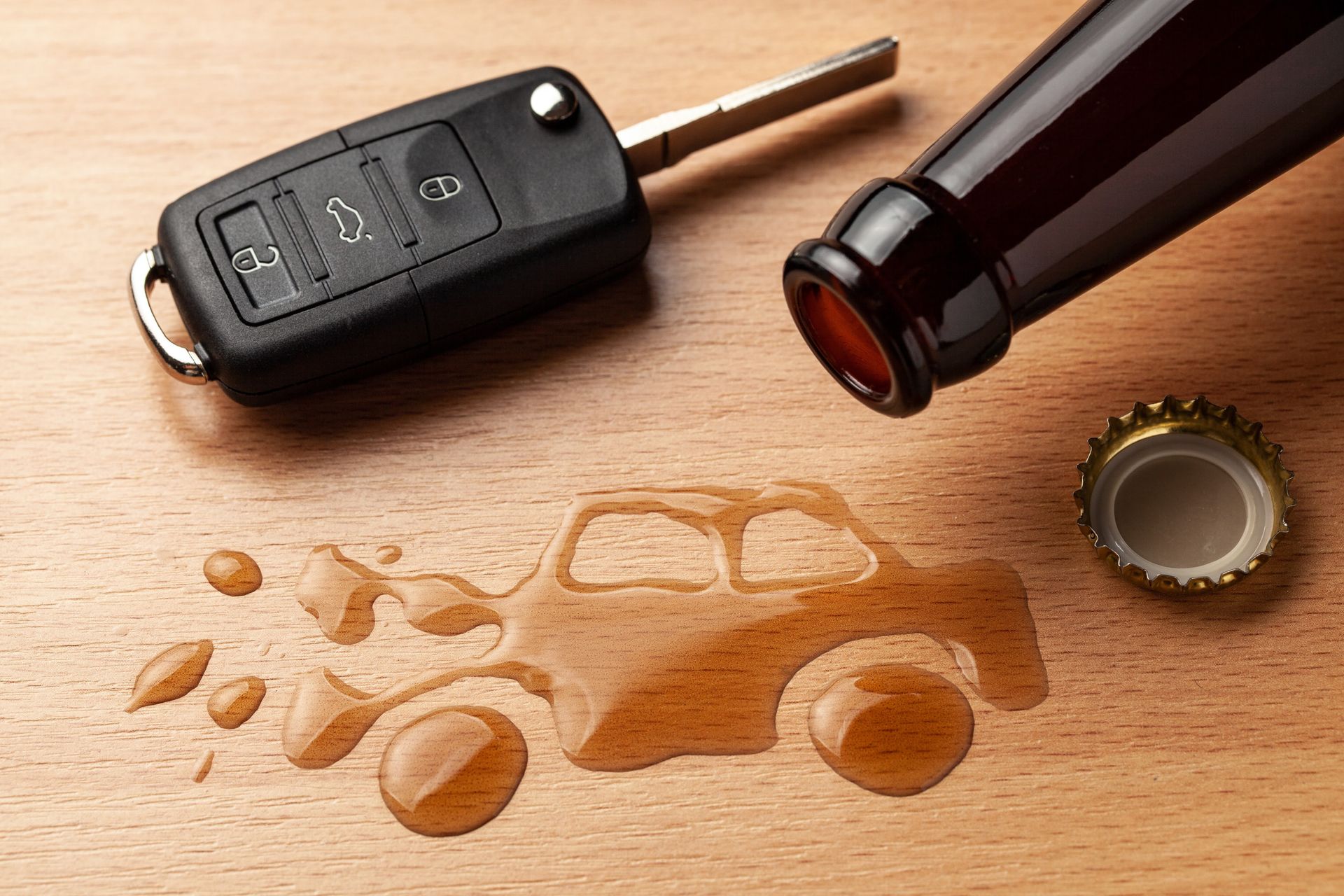 A car key and a bottle of beer are on a wooden table.