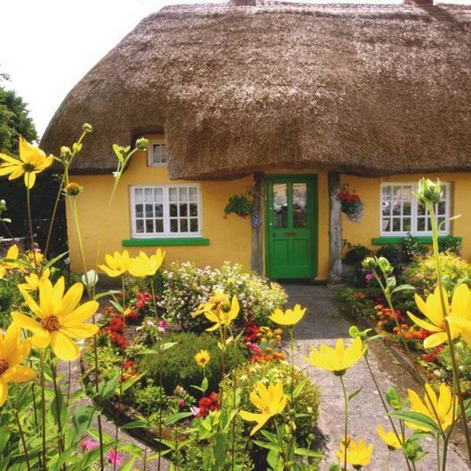 A yellow house with a thatched roof and a green door