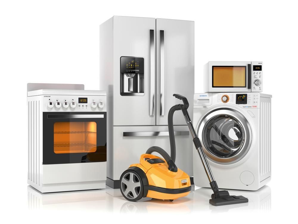 White kitchen appliances and yellow vacuum cleaner with white background — A.S.A.P. Appliance Service & Sales in Wyong, NSW