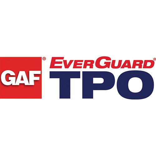 Logo for GAF EverGuard TPO roofing: red box with