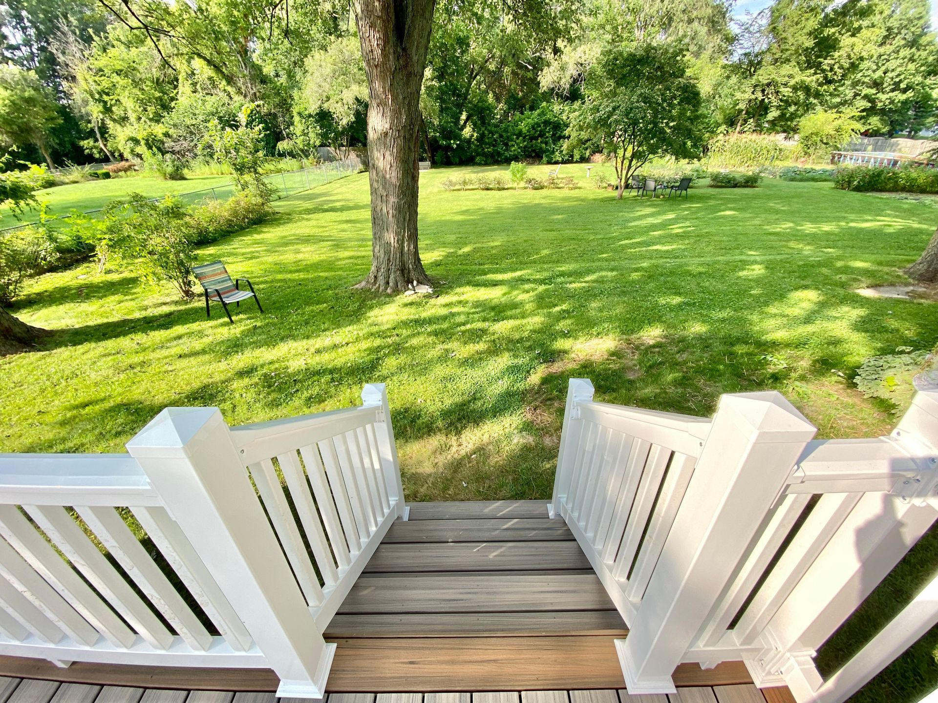 View from white porch steps to a green yard with a tree and a bench.