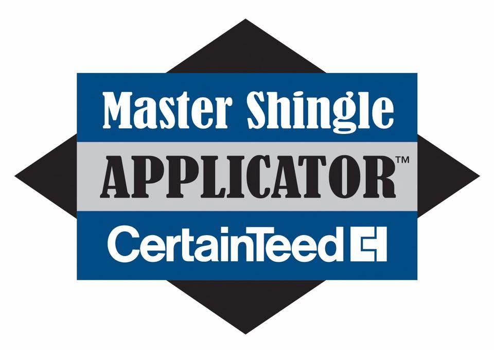 Logo: Master Shingle Applicator certification by CertainTeed, with blue, gray, and black colors.