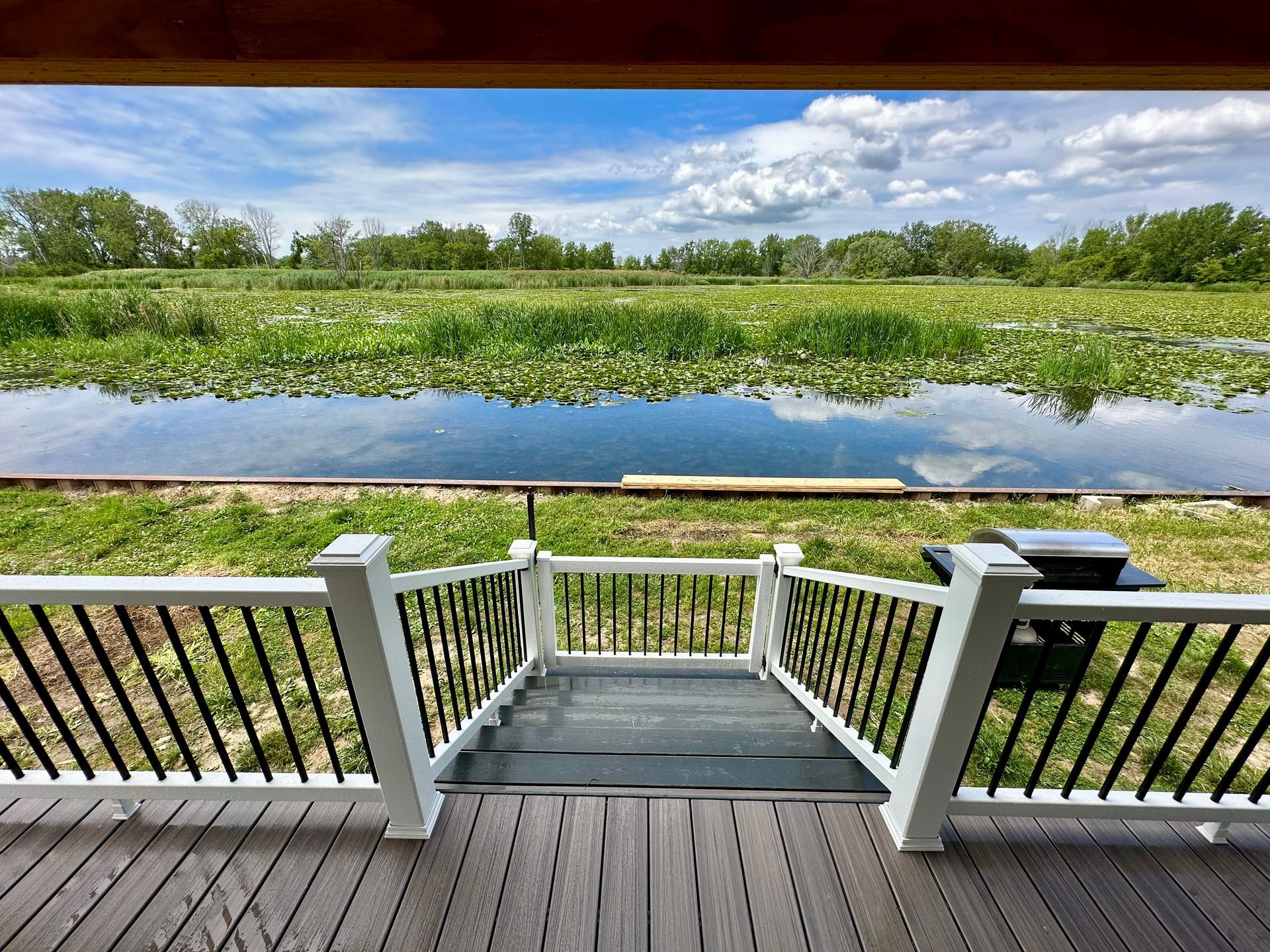 View from a porch with stairs leading to a waterway covered in lily pads, under a blue sky.