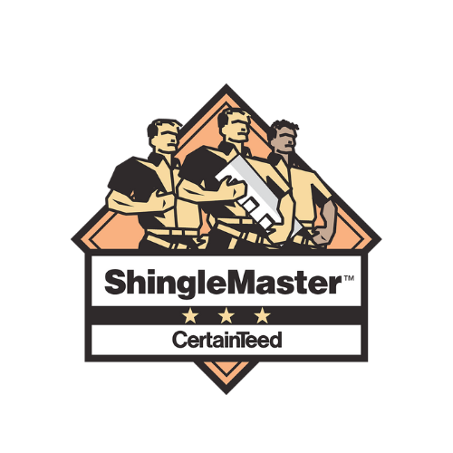 ShingleMaster logo: 3 workers holding shingles; the brand CertainTeed.