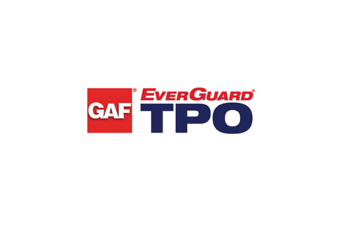 GAF EverGuard TPO logo: Red and white square with “GAF” and the words “EverGuard TPO” in red and blue.
