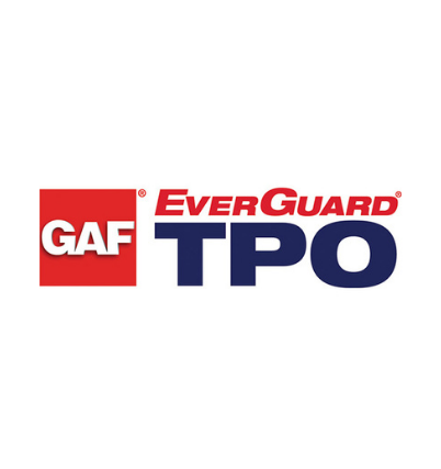 GAF EverGuard TPO logo: Red and white square with “GAF”, “EverGuard” over “TPO” in blue.