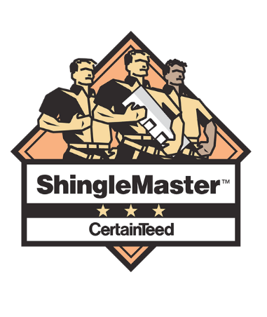 ShingleMaster certification logo. Three workers, logo text, stars, and