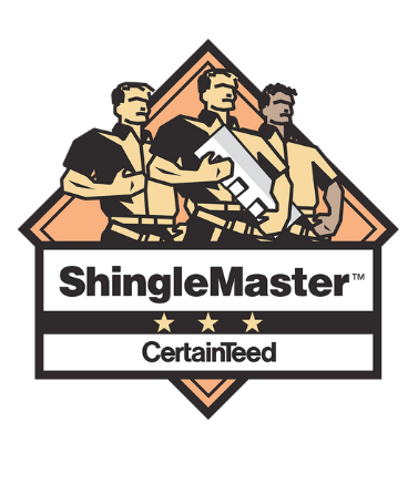 ShingleMaster logo: Three workers holding roofing material, orange and black diamond frame with