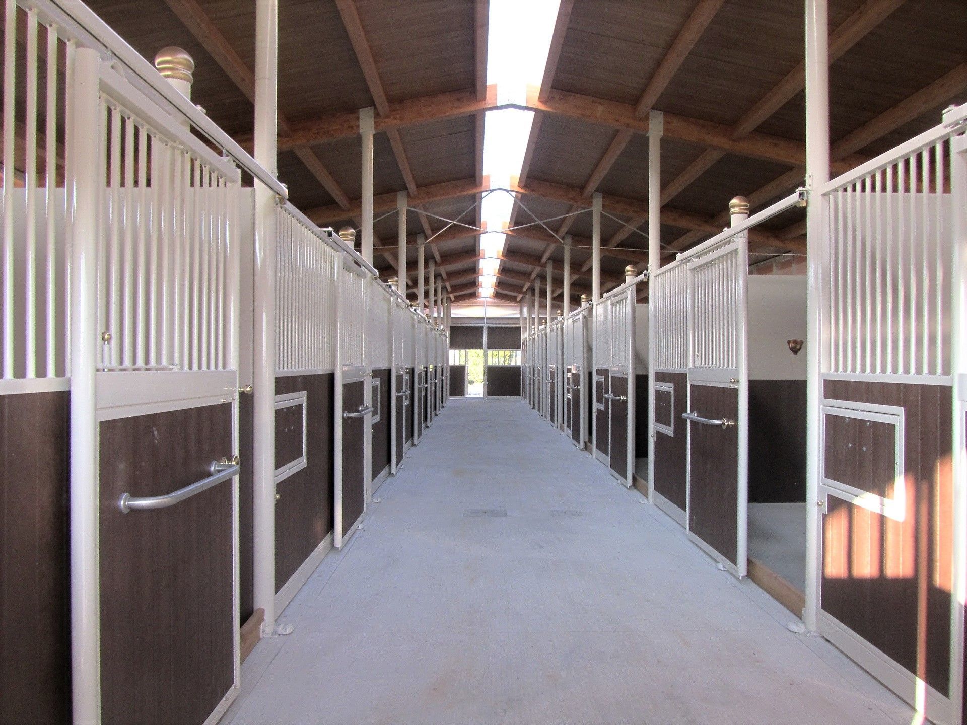 Scuderia con perimetrali in C.A e tamponamenti interni in plastica marrone con copertura coibentata effetto legno